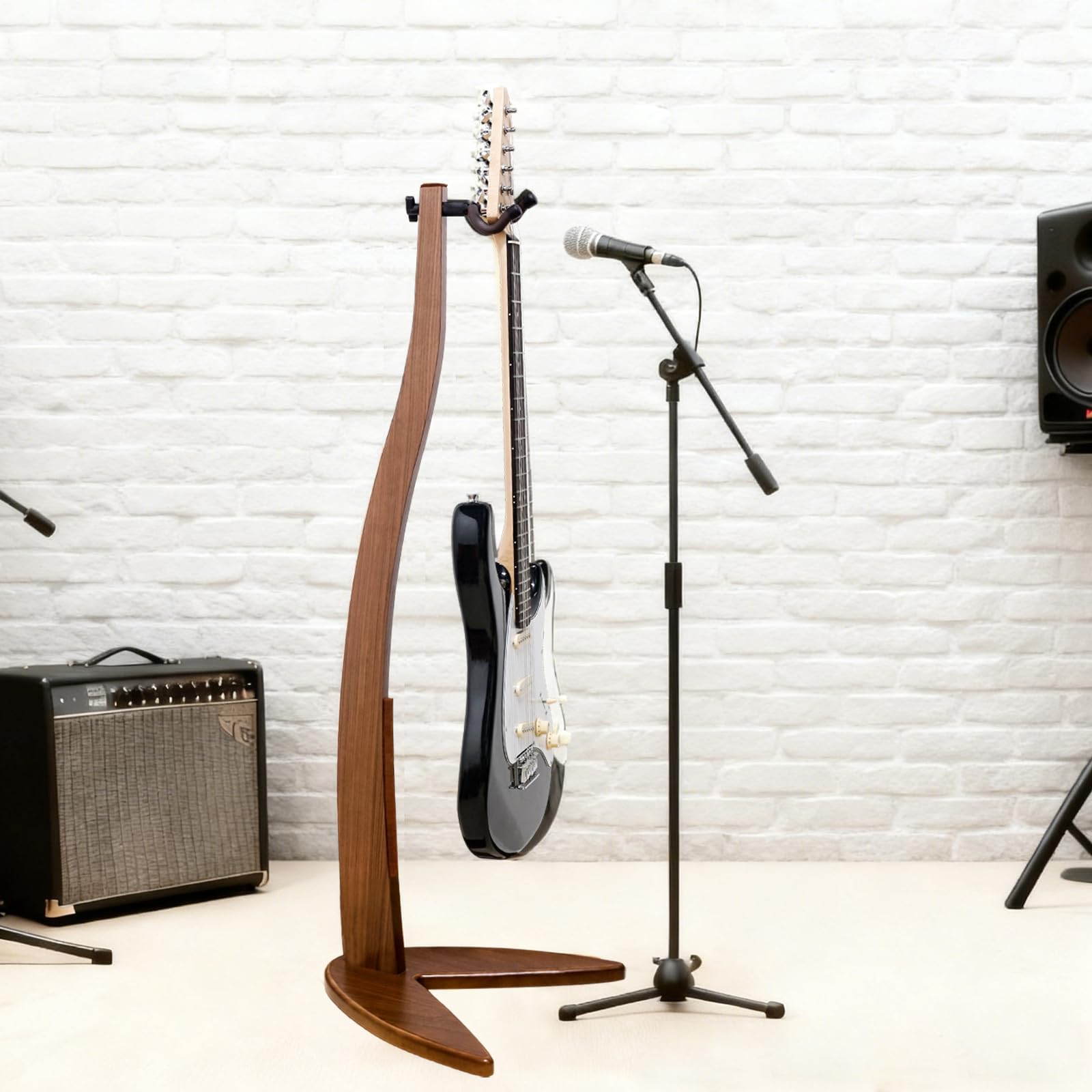MUSO Supporto per chitarra e basso, in legno massiccio, a forma di sirena, per esposizione e conservazione, altezza 106,7 cm, antigraffio e anti-urto, per studi deorati, soggiorno e palco (noce nero,
