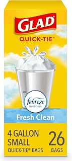 Glad 4 Gallon Small Trash Bags with Febreze Fresh Clean Scent, Quick-Tie OdorShield Garbage Bags, 26 Count