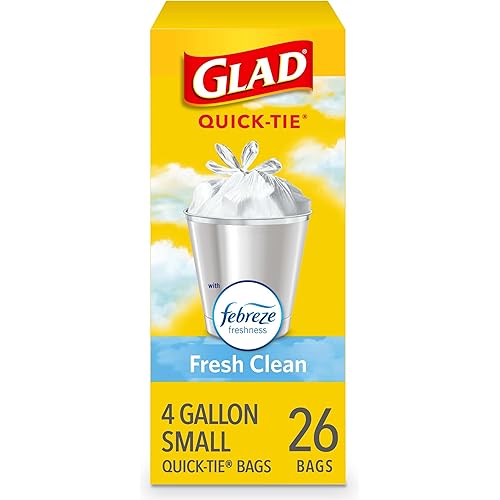 Glad Small Trash Bags 4 Gallon, Febreze Fresh Clean Garbage Bags, Odor Resistant with Quick Tie, 26 Count