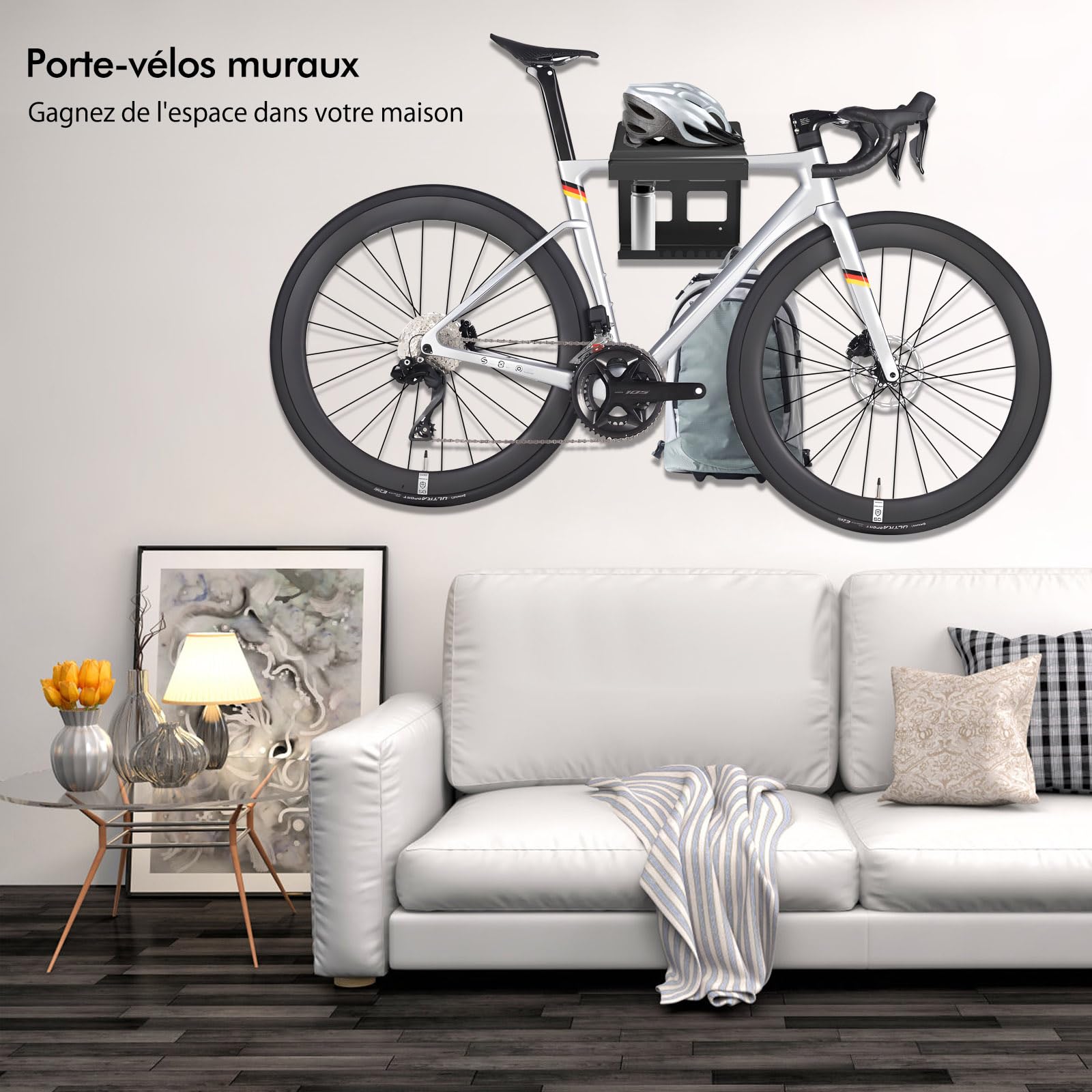 Mimoke Support mural pour vélo d'intérieur - Garage - Crochets d'étagère - Design compact et robuste - Protection - Espace de rangement - Facile à installer (Noir)