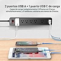 Vista 4 de Regleta protectora contra sobretensiones de 6 pies, cable de extensión Yintar con 6 salidas de CA y 3 puertos USB para el hogar, oficina, artículos