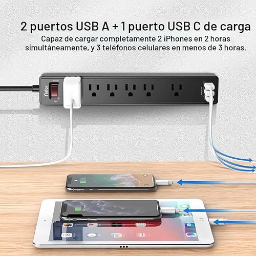 Miniatura 4 de Regleta protectora contra sobretensiones de 6 pies, cable de extensión Yintar con 6 salidas de CA y 3 puertos USB para el hogar, oficina, artículos
