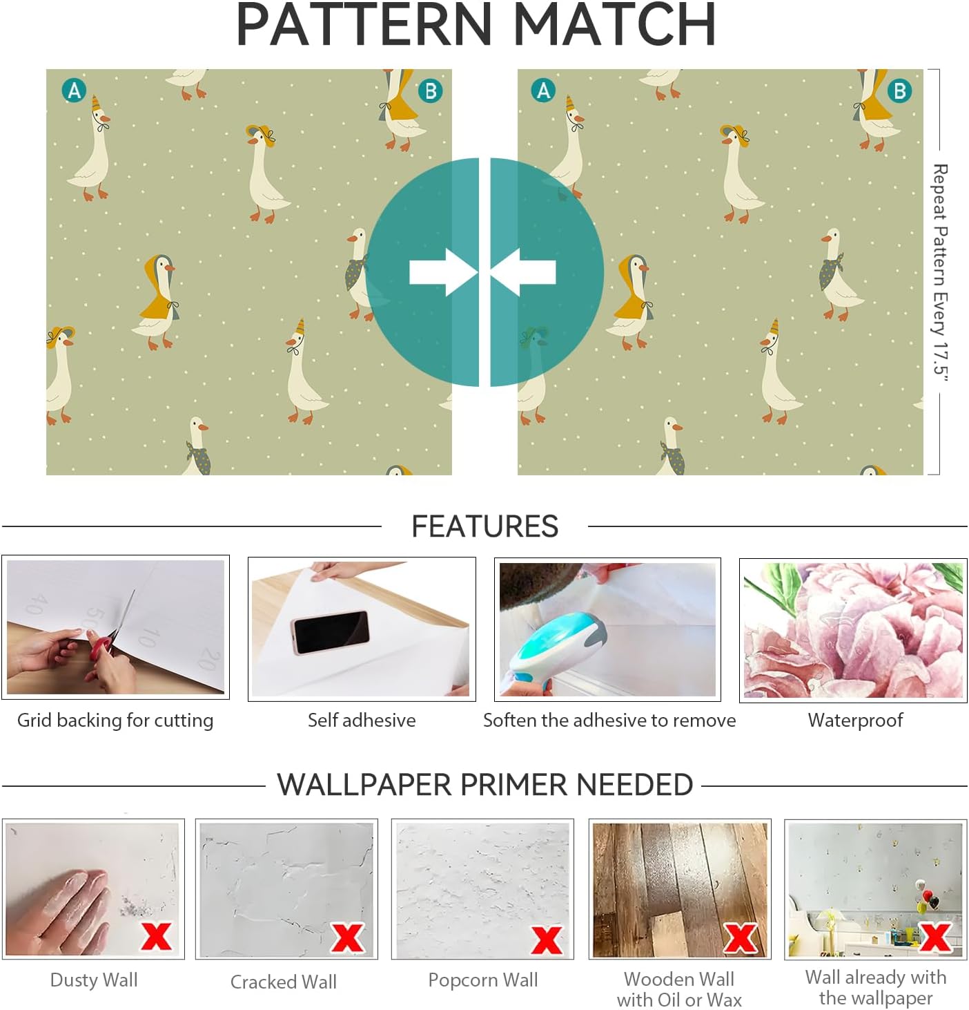 17.5x393 Sage Green Peel and Stick Wallpaper Whimsical Animal Farmhorse Ducky Polka Dot Green Contact Paper Decorative Playroom Wallpaper for Boys Kids Rooms Bedroom Accent Renter Friendly