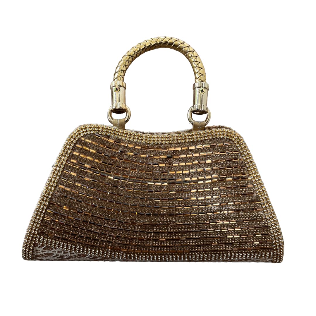 Fashion Waves Designer Studio Women Gold Trapezoid Clutch Stone Details Metal Chain Strap Zipper Party Wedding Potli Handbag Purse-picture-12