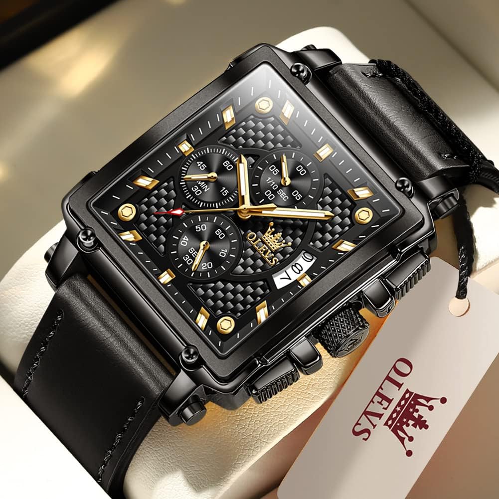Miniatura 7 de OLEVS Relojes cuadrados para hombre de cuero marrón cronógrafo moda reloj de negocios luminoso impermeable casual relojes de pulsera