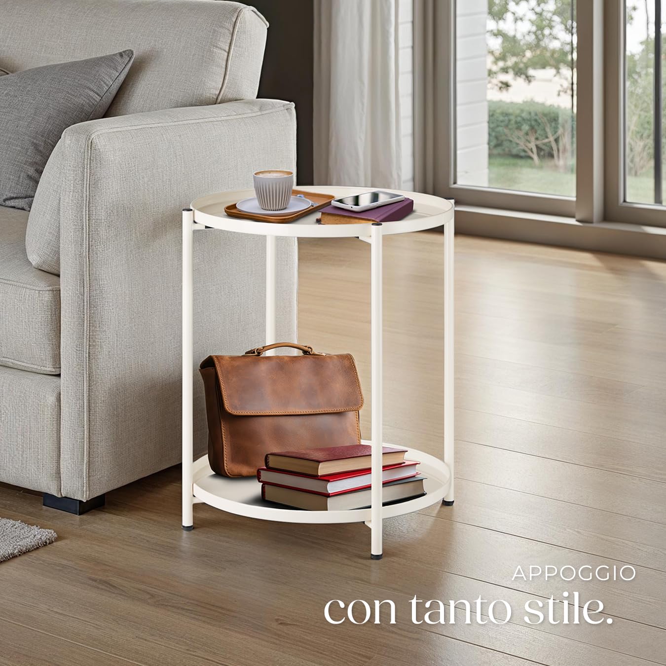 tectake® Tavolino Salotto 45,5 x 45,5 x 53 cm, Tavolino da salotto Tondo Basso, Mobile Soggiorno, Ripiano a Vassoio, Mobiletto Salvaspazio Divano, Camera, Ufficio, Soggiorno, Design Rustico - Crema
