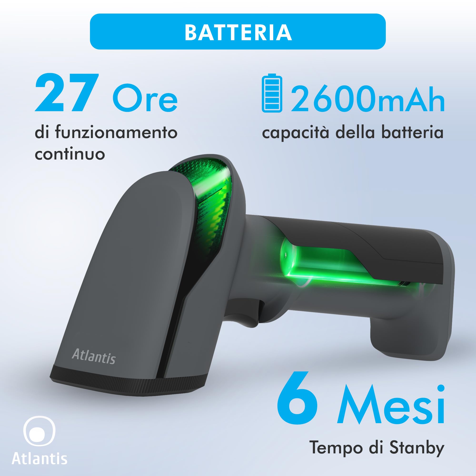 Atlantis A08-LD230P-2D-W Lettore Codici a Barre Barcode reader scanner Wireless 1D e 2D Ottico Prof (640x480), 60 fps, legge da smartphone e display, codice farmaceutico, collegamento USB,guida rapida