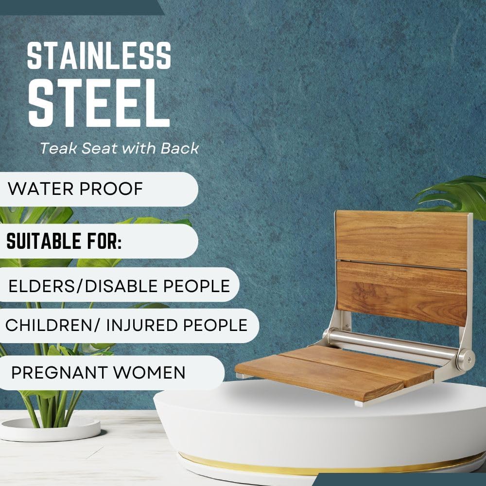 Folding Shower Seat Wall Mounted with Back | 500 lbs Maximum Load Capacity | ADA Compliant Safety Assist Teak Shower Seat for Seniors, Handicapped, and Children | 304 Stainless Steel Frame | 18” x 16”
