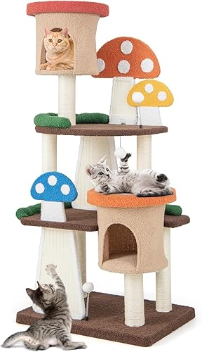 Tangkula Árbol de hongo para gatos, torre para gatos de varios niveles con postes de sisal envueltos completos, tablas de rascar y bolas