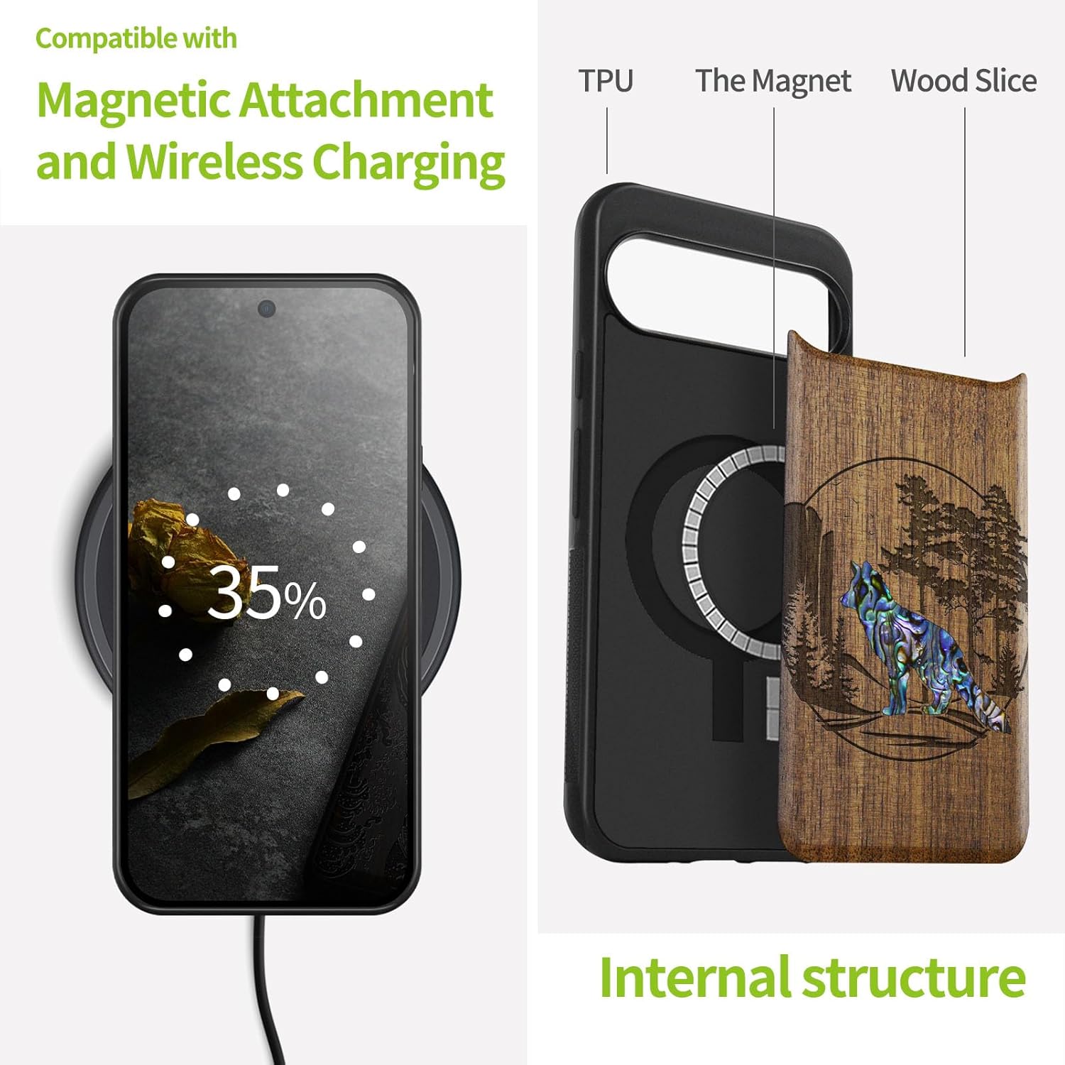 Carveit Magnetic Wooden Case for Google Pixel 9 Case, Wood Artisan Engraved & Handmade Shell Inlaid, Compatible with MagSafe Wireless Chargers, Fox and Woods - Walnut