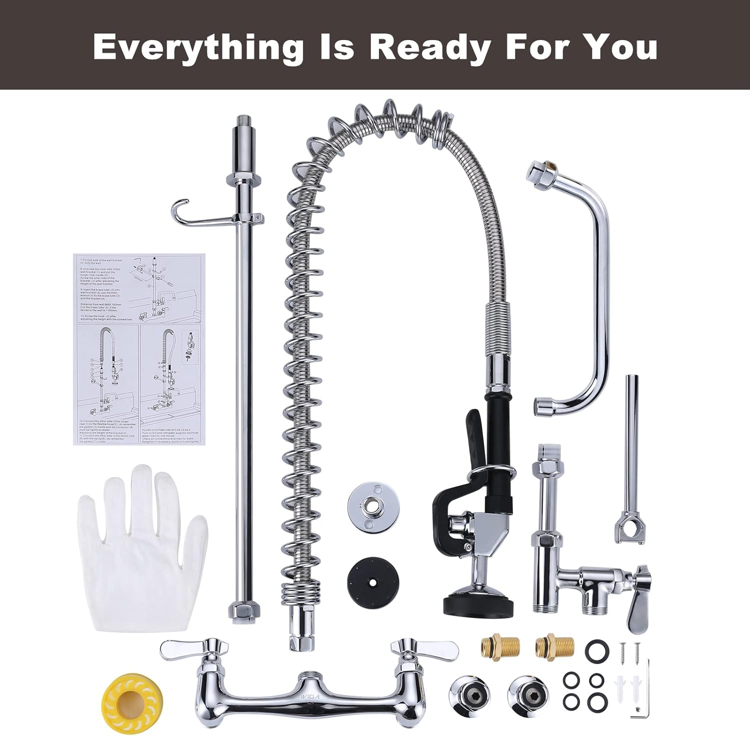 43" Height Commercial Kitchen Sink Faucet with Pre-Rinse Sprayer, 8 Inch Wall Mount Center Sink Faucet with Pull Down Spray Unit, Compartment Sink Faucet with 10" Swivel Spout for Restaurant