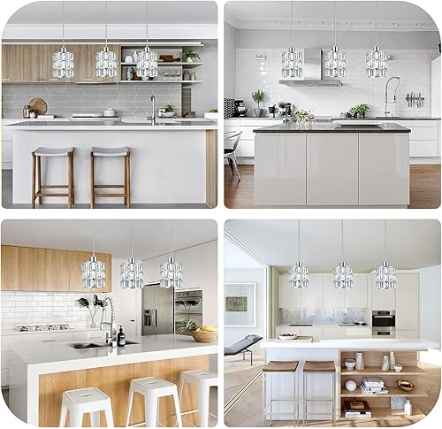 Miniatura 4 de Paquete de 3 lámparas colgantes de cristal cromado, mini luces colgantes para isla de cocina con pantalla de metal de placa de cristal, moderno