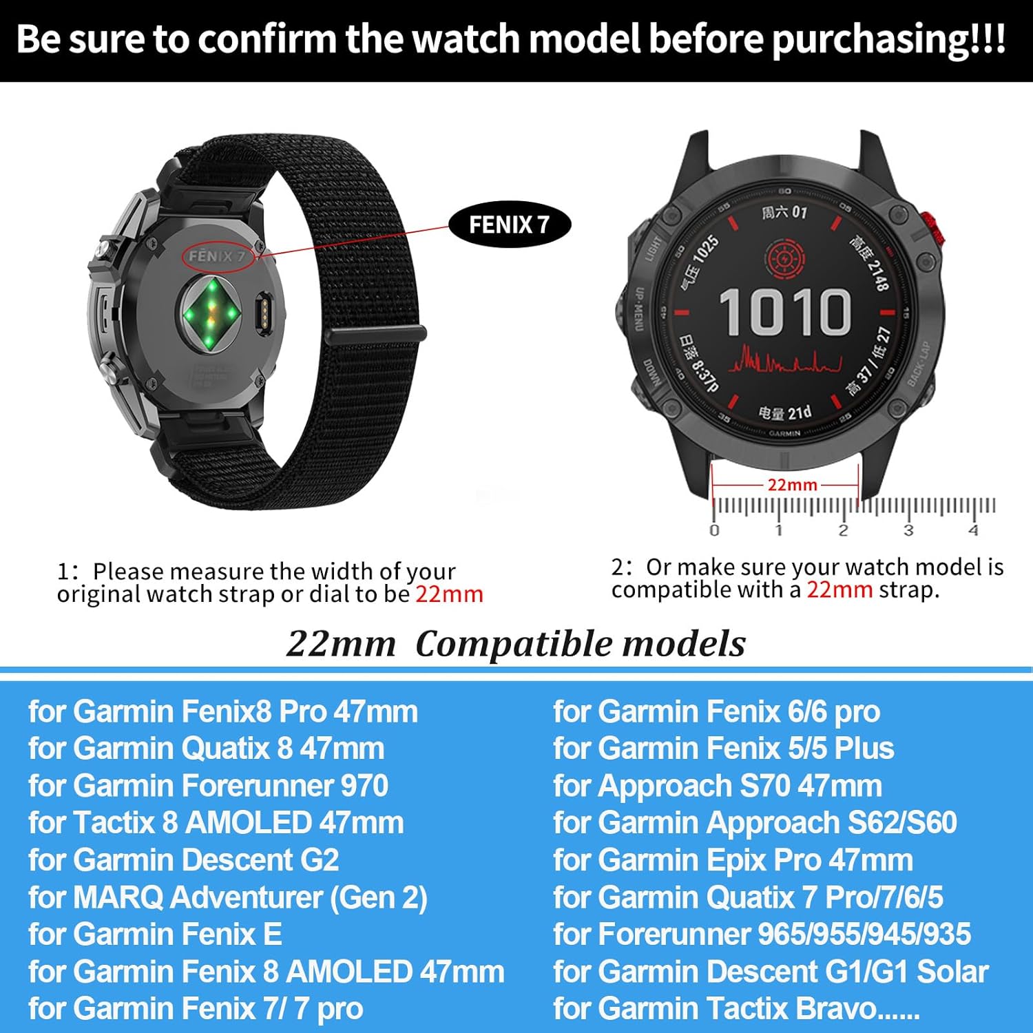 22mm Nylon Watch Bands for Garmin tactix 8/Fenix 8 pro 47mm/Fenix E/Fenix 7/Fenix7 Pro/Fenix 6 Pro/Fenix 6,QuickFit Sport Band for Fenix5/Fenix 5 Plus/Forerunner 970/965/945/Descent G2/G1 Solar - Image 3