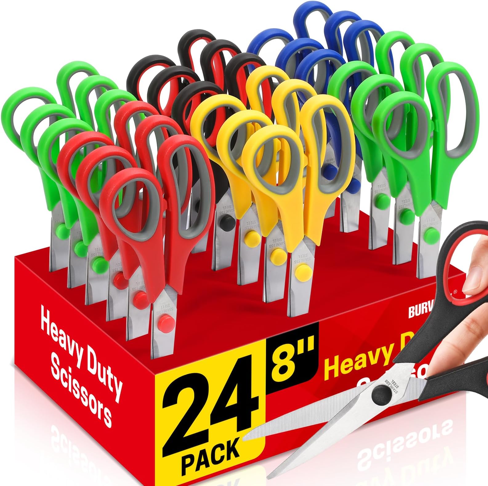 BURVAGY 24-Pack 8" All Purpose Heavy Duty Sharp Scissors Bulk for Office School Home Stainless Steel Blades Safety Soft Grip Handles,Right/Left Handed Scissors