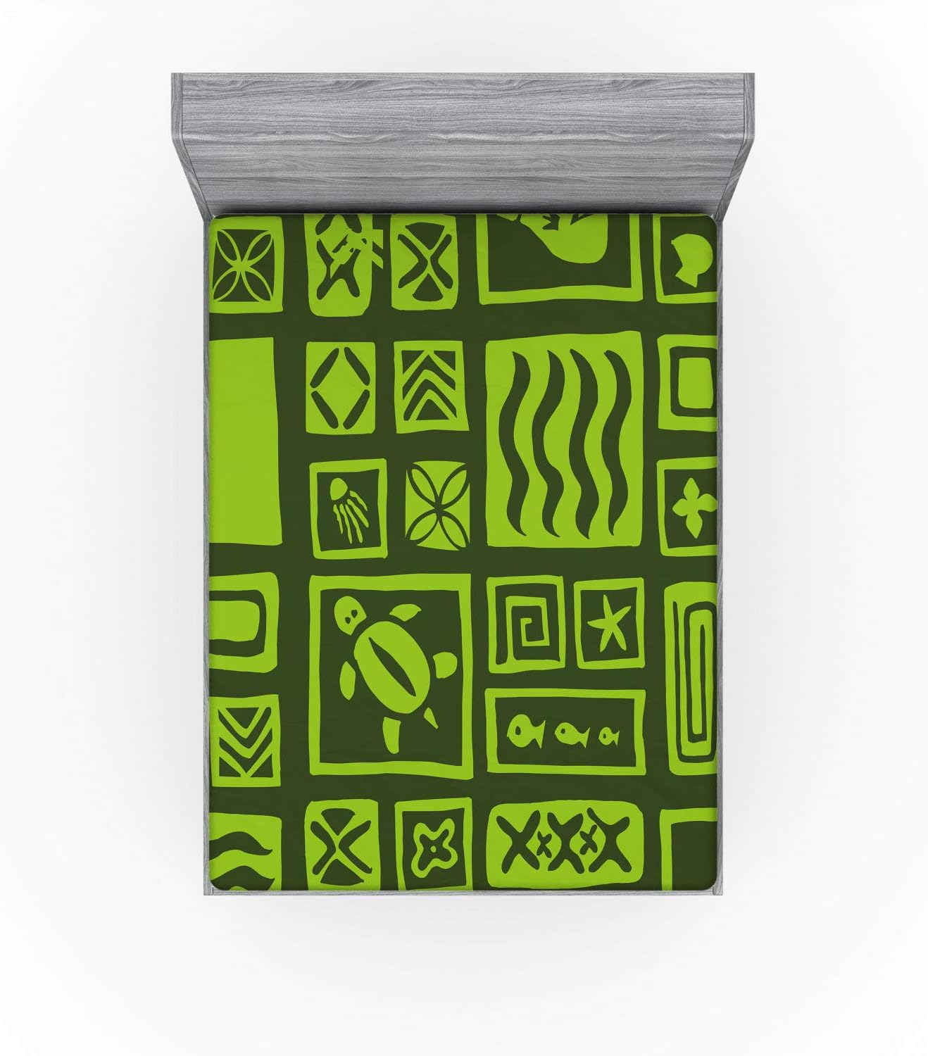 Ambesonne Luau Fitted Sheet, Monochrome Tiki Pattern Doodles with Motifs and Various Shapes Aloha Feels, Bed Cover with All-Round Elastic Deep Pocket for Comfort, Queen Size, Olive Green Lime Green