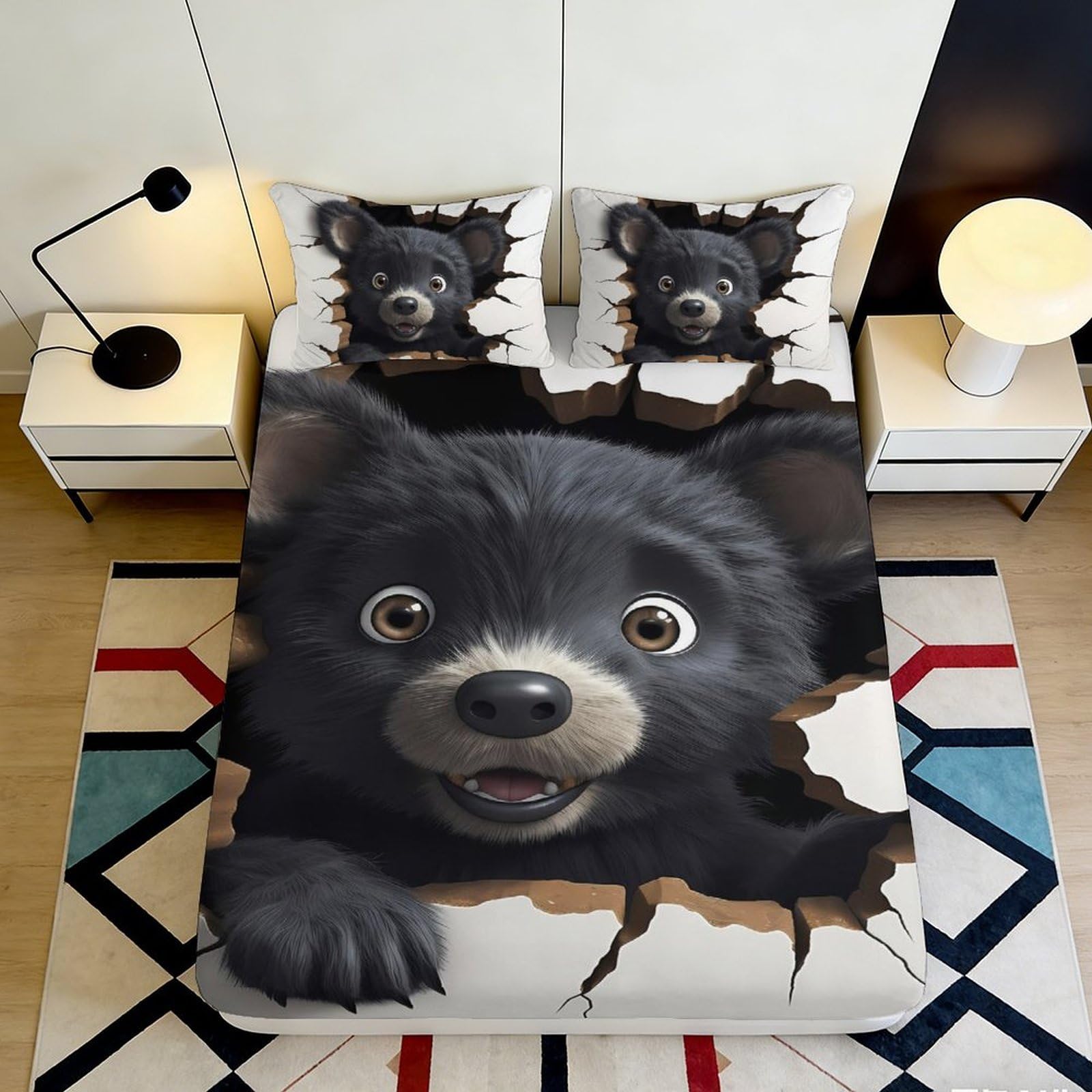 3D Printed Cartoon Black Bear Fitted Sheet Microfiber Soft Non-slip Animal Mattress Cover for Bedroom Dorm Décor 200x200x25cm