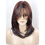 Medium Length Layered Wig Dark Brown with Blue Highlights, Synthetic Layered Wig with Bangs for White Women