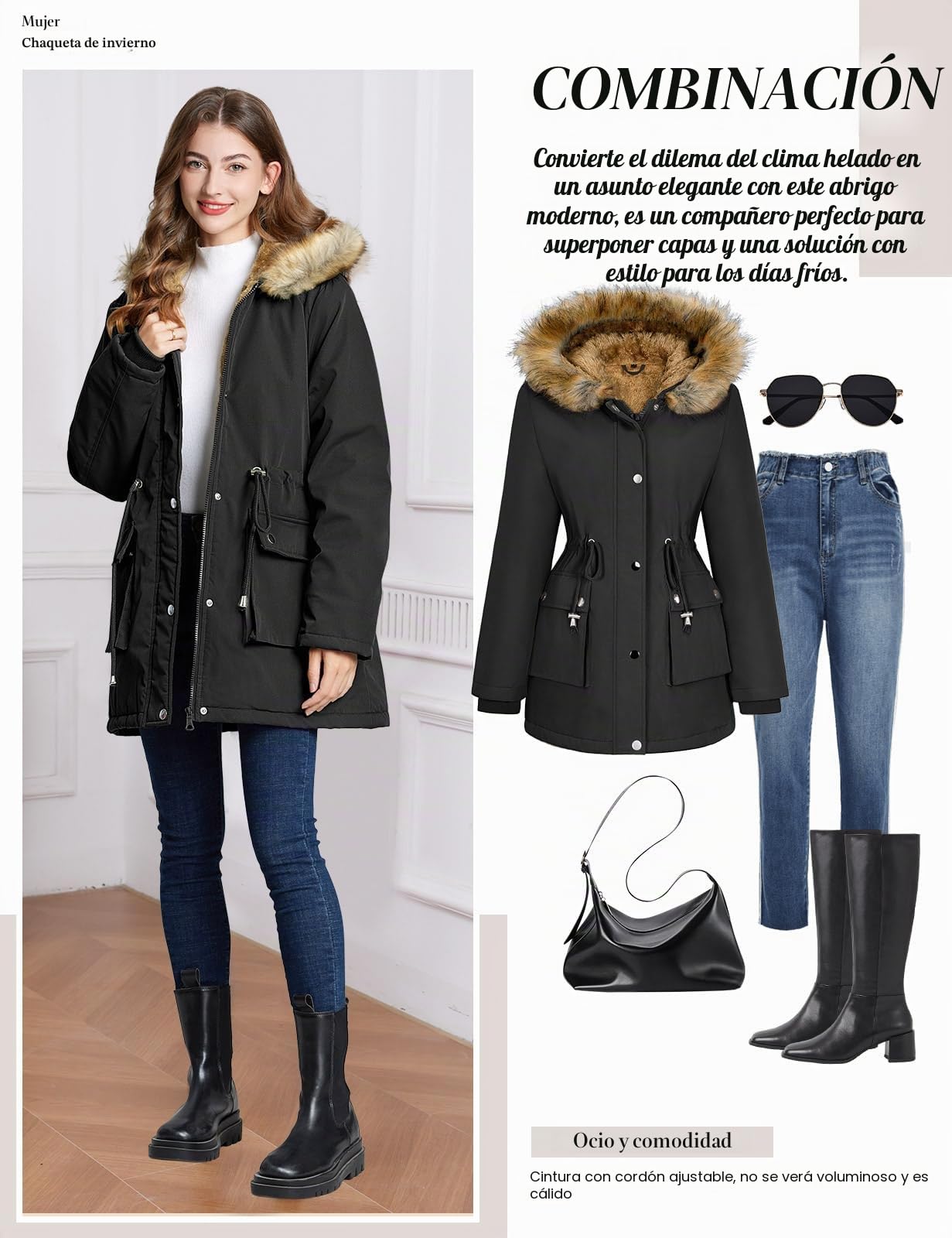 heekpek Abrigo Largo Mujer Invierno Impermeable Cálido Parka Mujer Cremallera Gruesa Forro Polar Chaqueta de Invierno Mujer con Bolsillos y Capucha