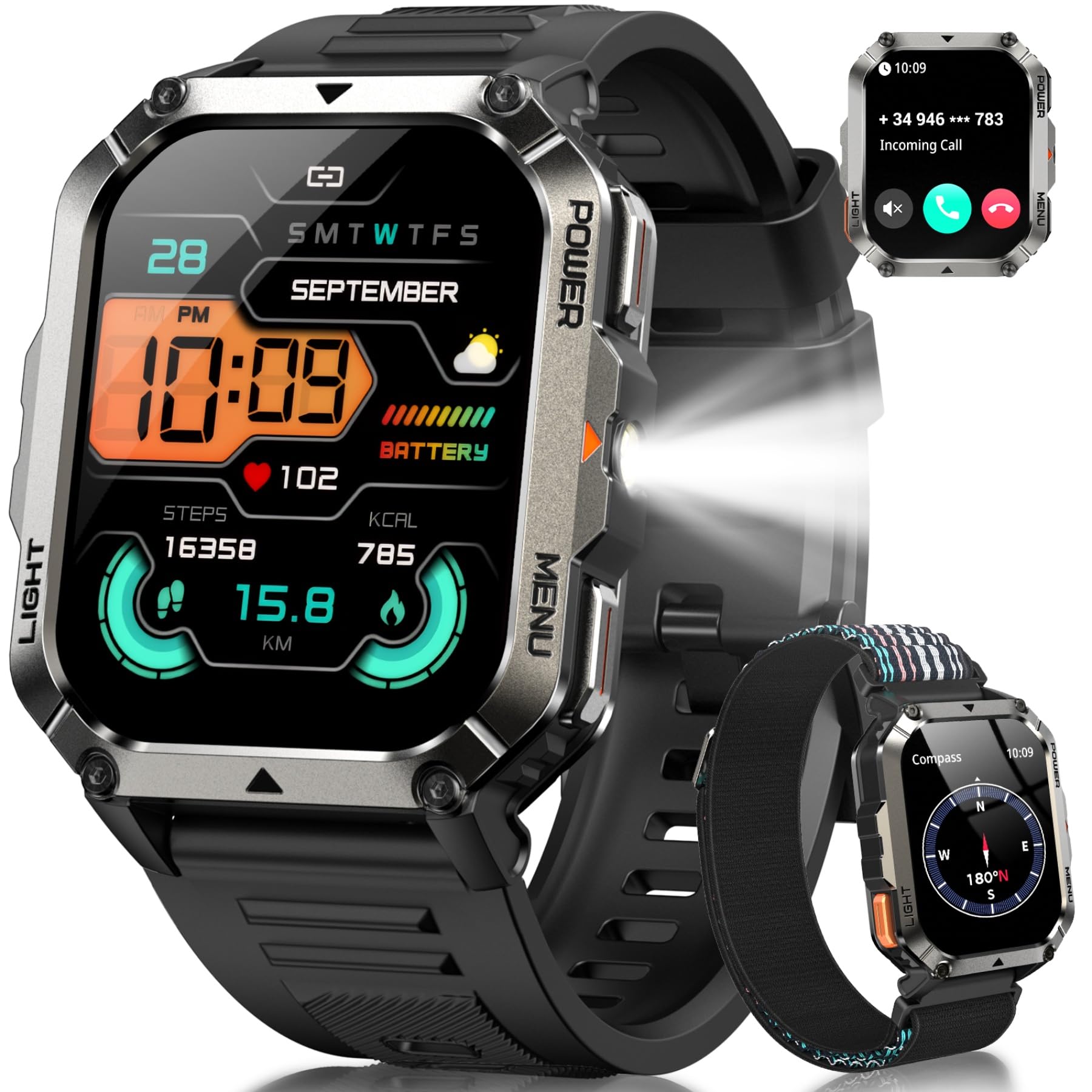IOWODO Reloj Inteligente Hombre, 2.01" Militar Smartwatch con Llamadas Bluetooth, 20 Días Batería, Linterna LED, Brújula,123 Modos Deporte, 24h Pulsómetro/SpO2/Sueño, IP68, 2 Correas (iOS/Android) Carbonfree Certified