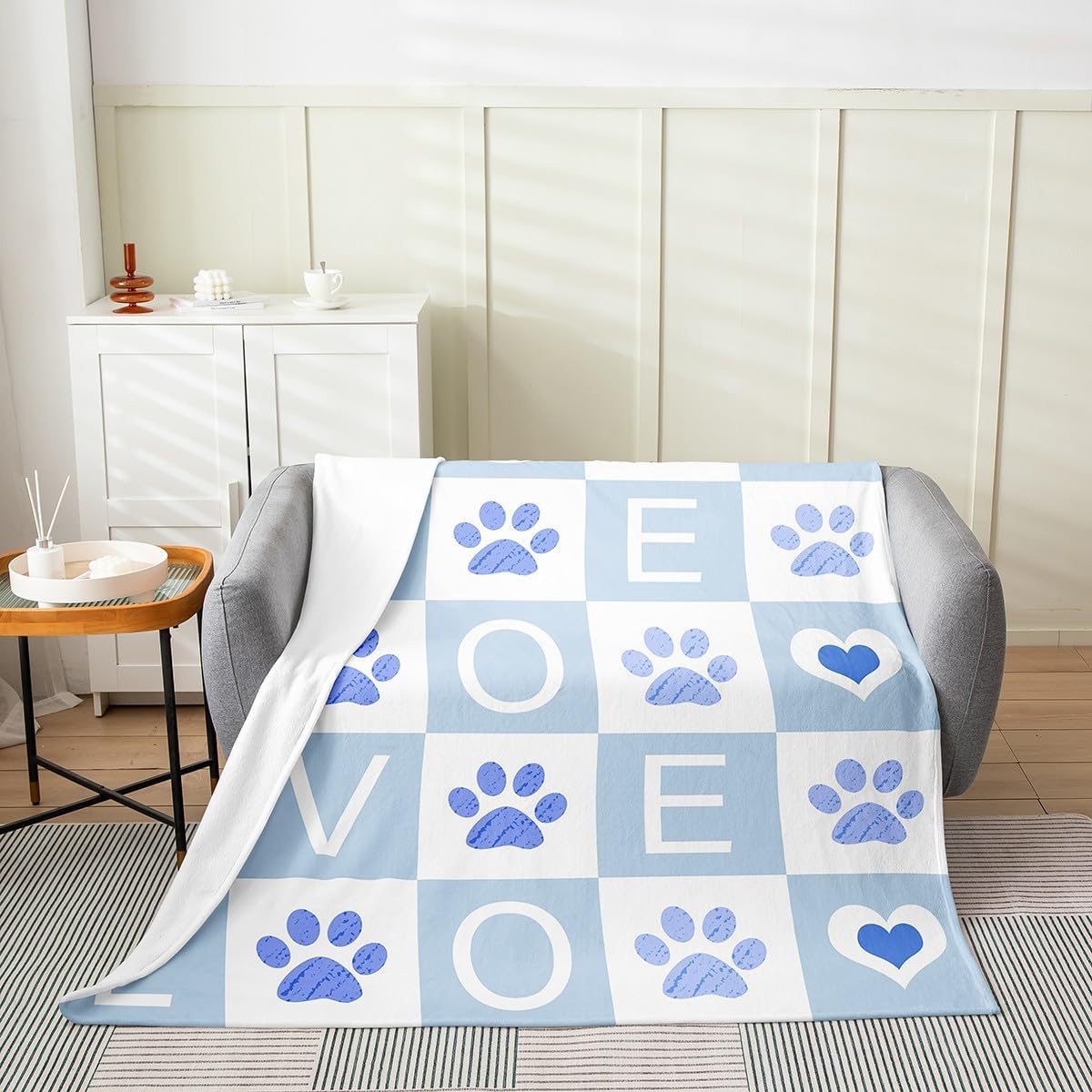Cute Dog Paws Print Kids Flannel Blanket,Cartoon Dog Animal Puppy Pet Lover Bed Blanket for Boys Girls,Geometric Plaids Patch Fleece Blanket,Blue Fuzzy Blanket,Queen Size (90 x 90 Inches)