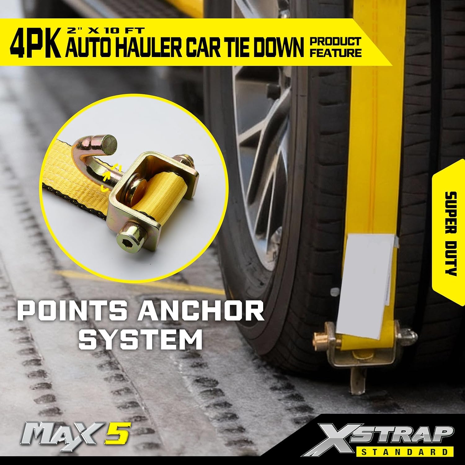 XSTRAP STANDARD Autohauler Car Tie Down - Rolling Idler Three Cleat - 120 Inch - 4 Pack - Classic Yellow - 3,300 Pound Safe Working Load