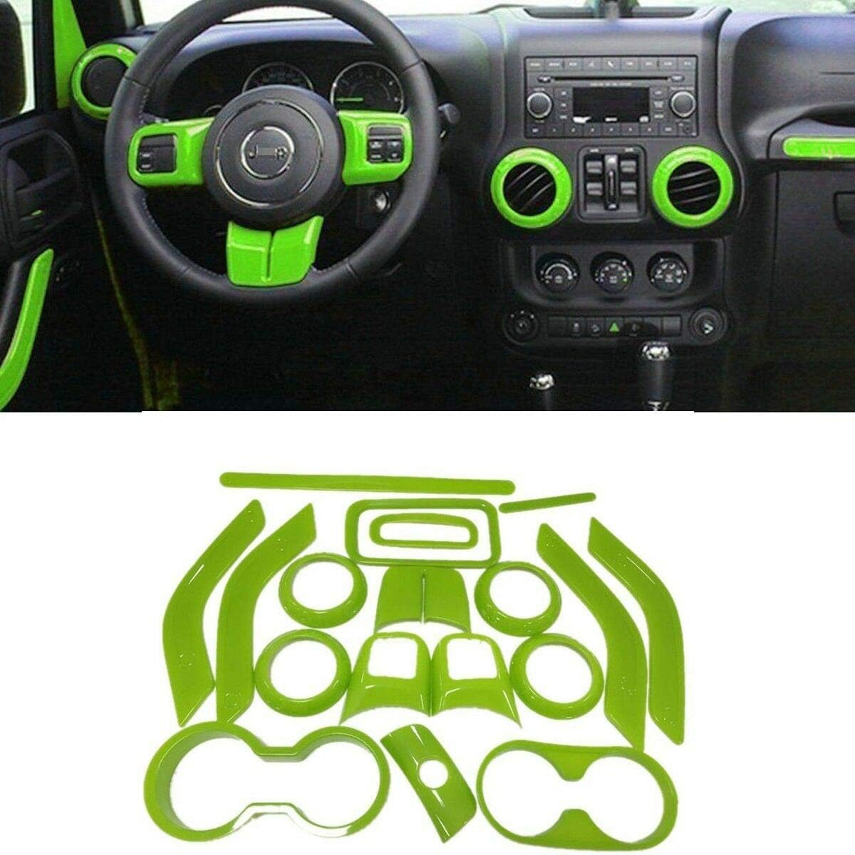 Fits for Jeep Wrangler 2011-2017 JK JKU 4 Door 18pcs Full Set Interior Decoration Trim Kit,Door Handle Cover Inner,Center Console Air Outlet Trim (Green)