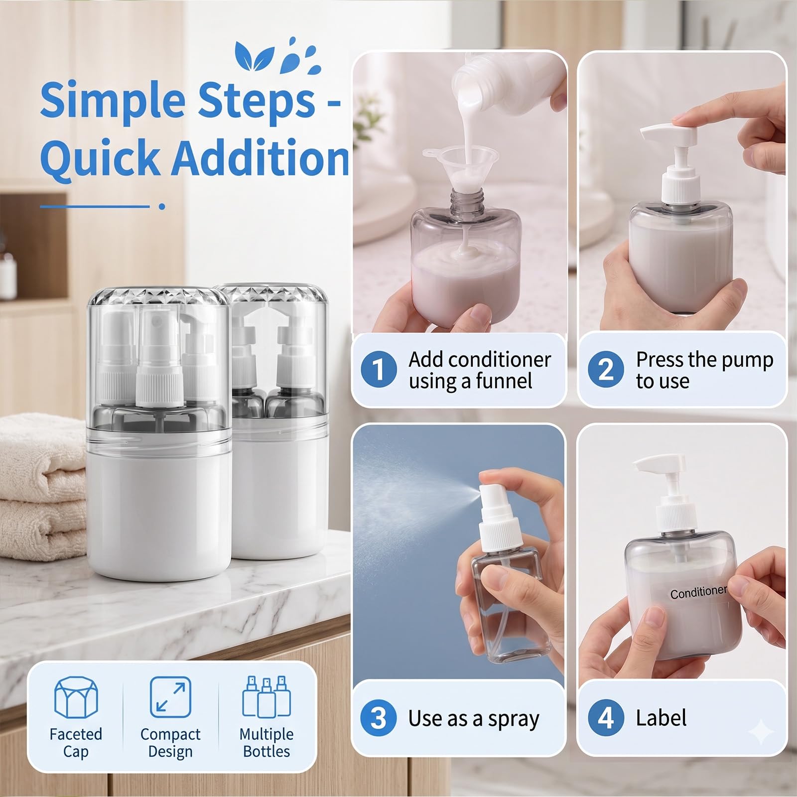 4-in-1 + 2-in-1 Reisespender Set, 4 x 50 ml /2 x 100 ml Dunkle Reiseflaschen zum Befüllen, inkl. 4 Pumpspender + 2 Sprühflasche, Auslaufsicher für Shampoo und Kosmetik, für Flugreisen Reise Büro