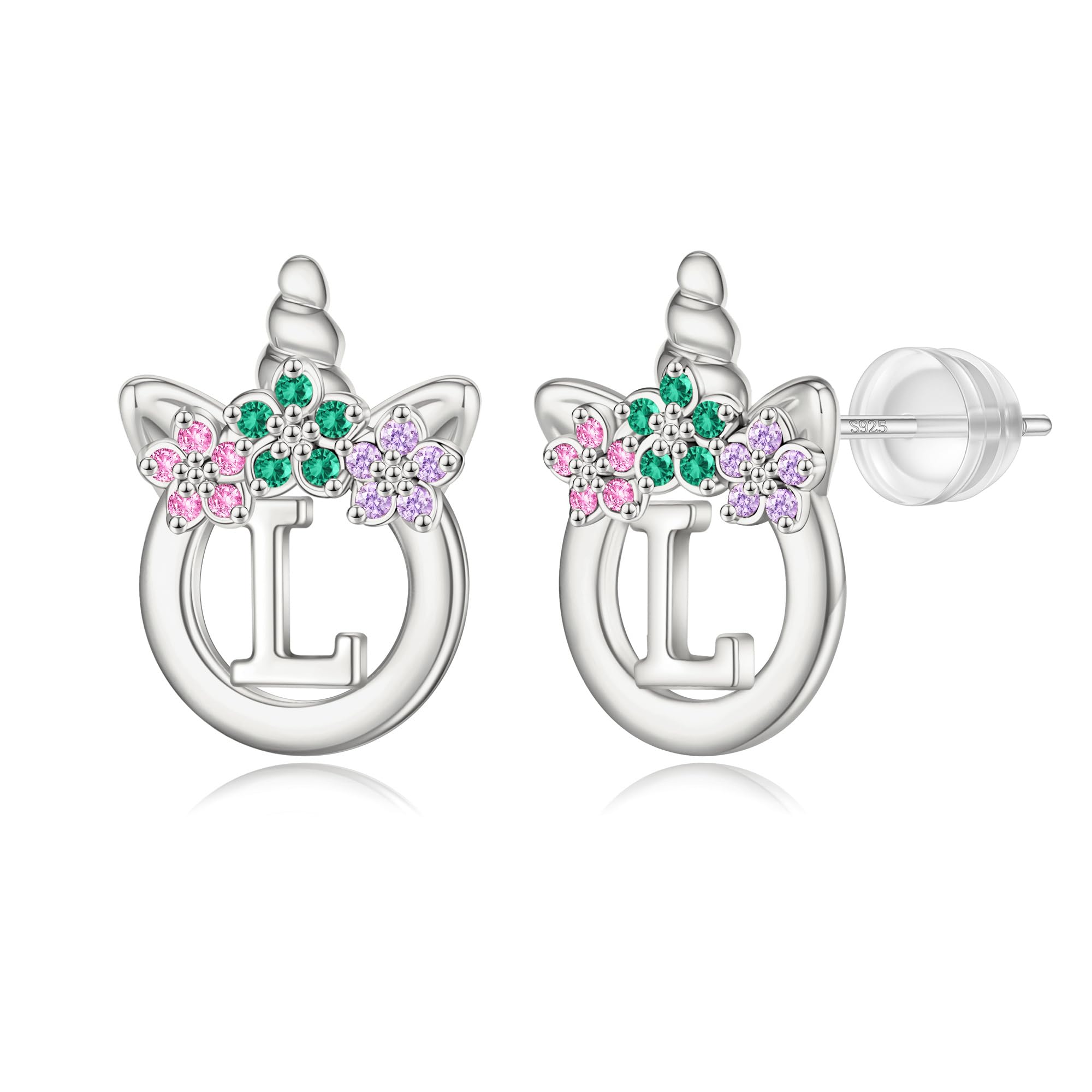 Unicorn Earrings Gifts for Girls - 925 Sterling Silver Stud Earrings Hypoallergenic Initial Unicorn Earring for Girls Kids Jewelry CZ Birthday Gifts