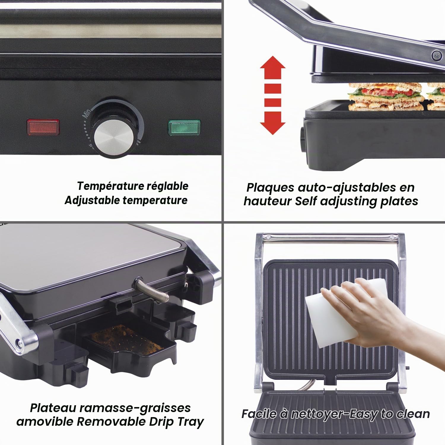 BEPER P101TOS503 GRAND GRILL Gril électrique multifonction 3 en 1 – Poêle à steak, plaque à panini et barbecue – Plaques de 28 x 25 cm, ouverture à 180°, thermostat réglable – 2000 W