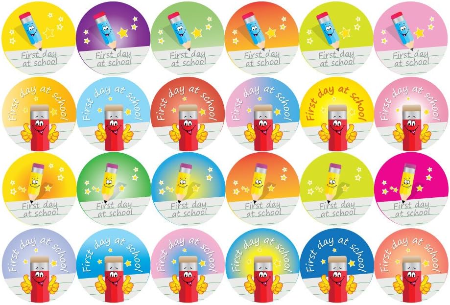 'First day at school' Stickers - 144 x 30mm, Happy, colourful pencil designs, great for small children
