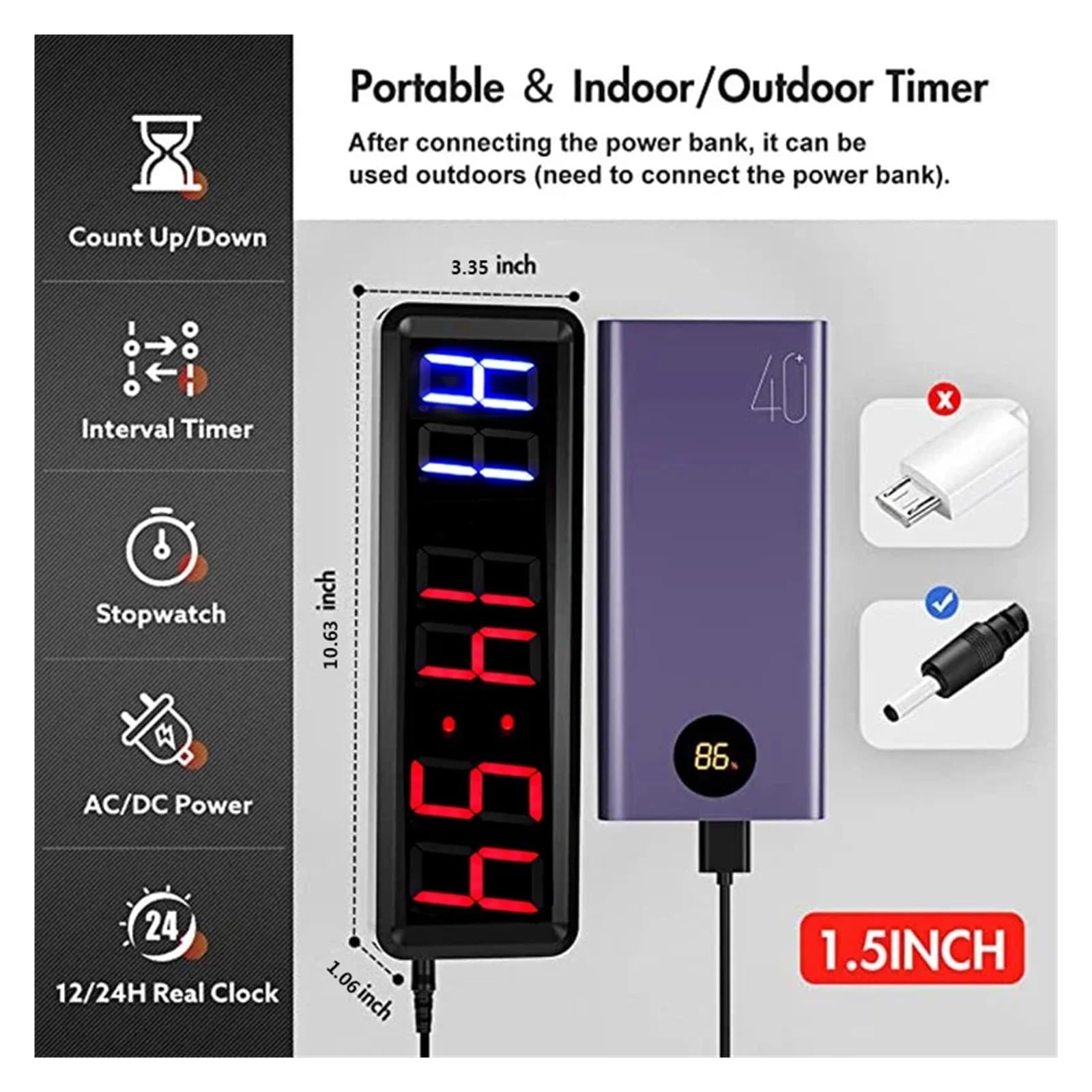 1.5 ''grande horloge de gymnastique chronomètre compte à rebours/haut, d'intervalle minuterie d'entraînement avec Buzzer, en plein air LED Ouverture à Distance(2 blue 4 red EU Plug)