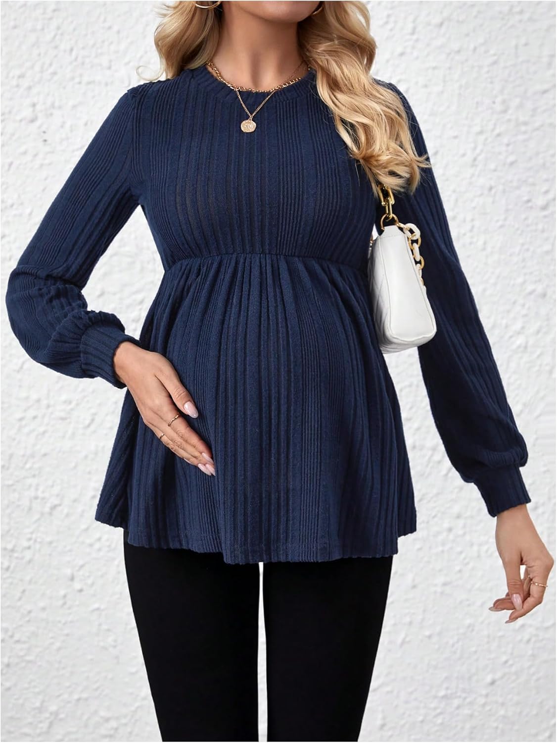 MakeMeChic Women's Maternity Tee Shirt Crew Neck Rib Knitted Long Sleeve Peplum Tops - Image 5