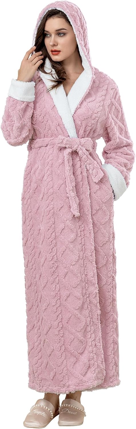 Hellomamma Women Fluffy Robes With Hood: Floor Length Long Fleece Winter Bathrobes Ladies Hooded Housecoat for Spa Shower