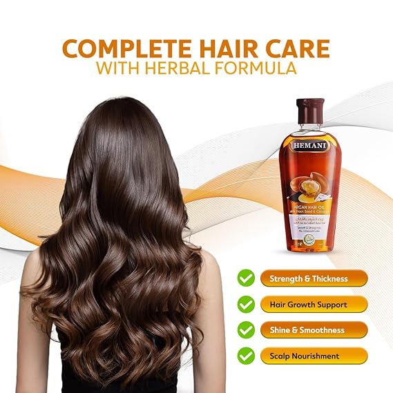 Hemani Argan Oil 200ml Zayt Arghan, Shemen Argan - Natural Hair Care Oil with Black Seed & Coconut Oil - Promotes Shine, Strength & Hair Growth - Moisturizes & Nourishes for Healthy Hair and Scalp