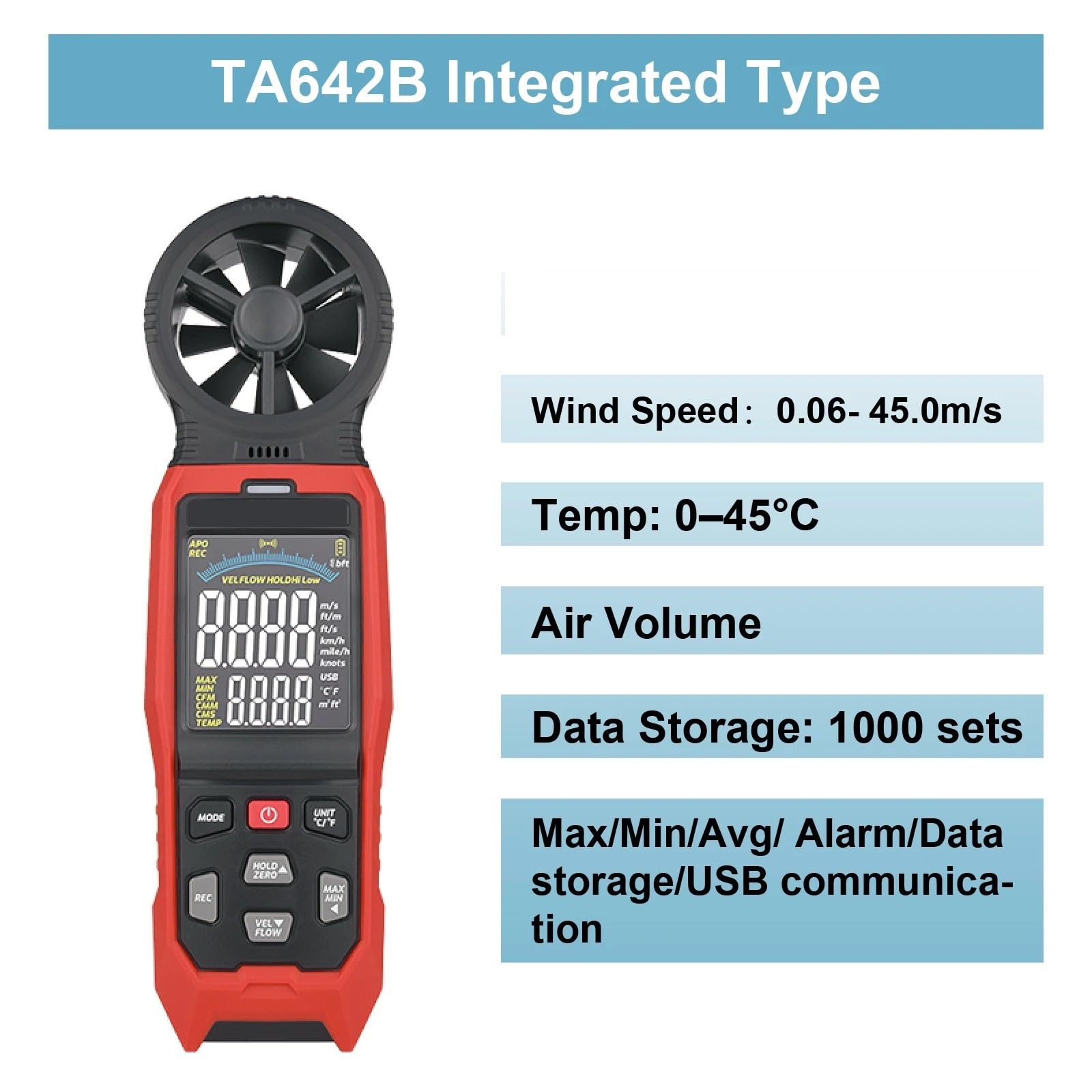 Anemómetro digital, Anemómetro digital de mano, medidor flujo aire velocidad del viento para uso en laboratorio industrial HVAC(TA642B)