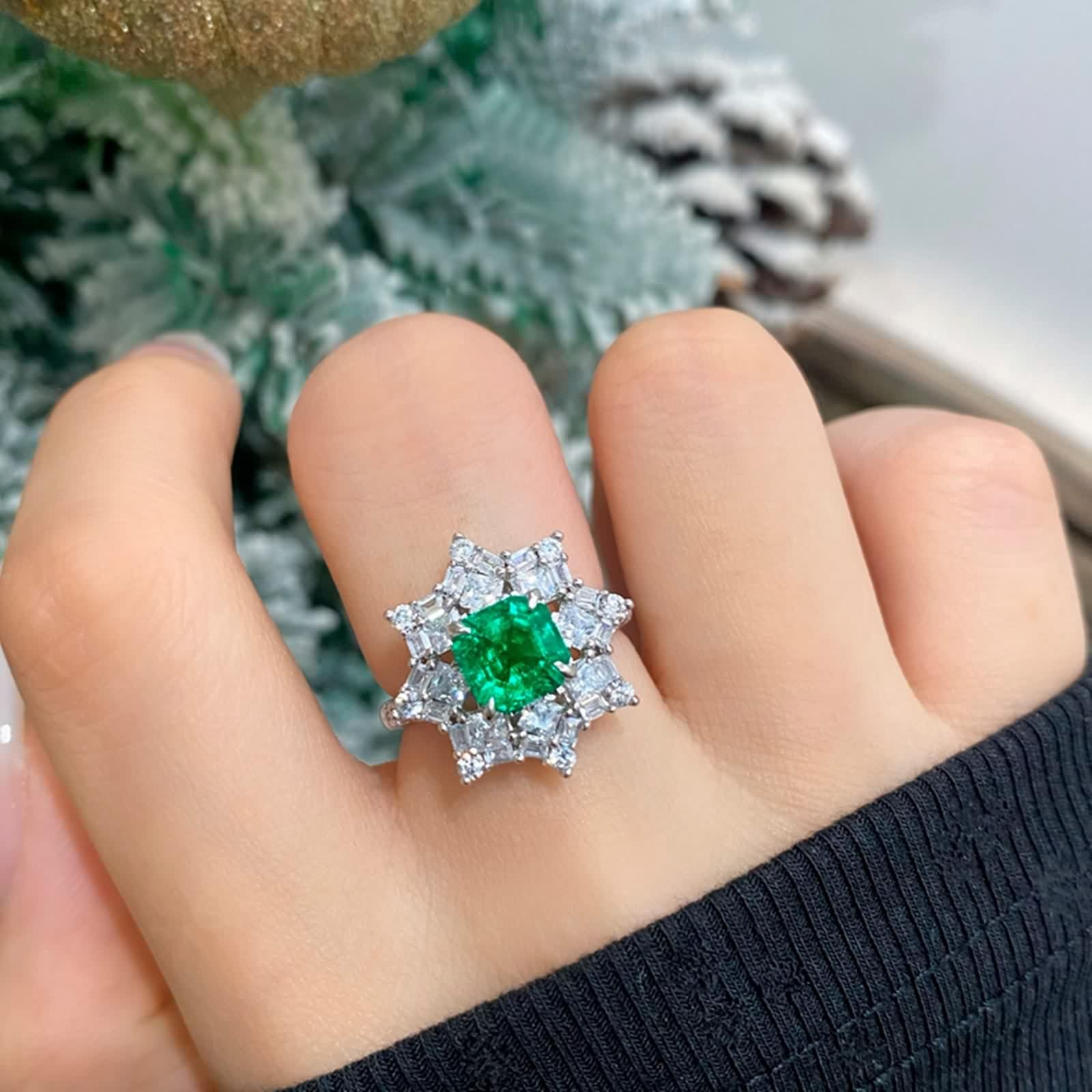 Wedding Ring Damen, Ehering Labor-Smaragd Schneeflocke Verlobungsring 9K/14K/18K Weißgold mit Moissanit