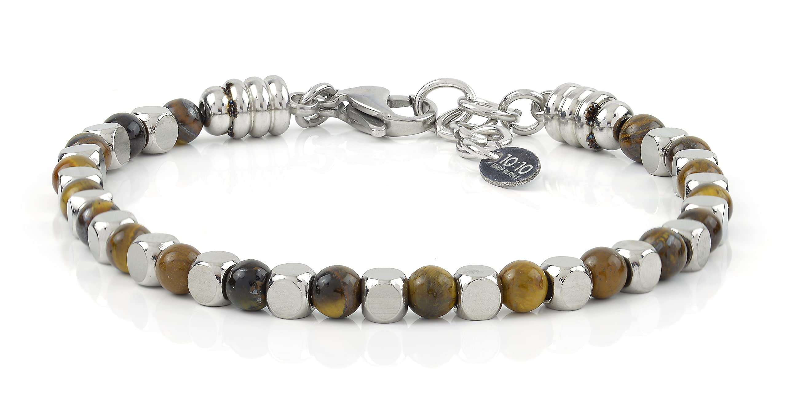 10:10 Set di 3 Bracciali in acciaio inox e pietre dure naturali, Braccialetti uomo donna perle colorate regolabili bracciali molto resistenti Made In Italy…