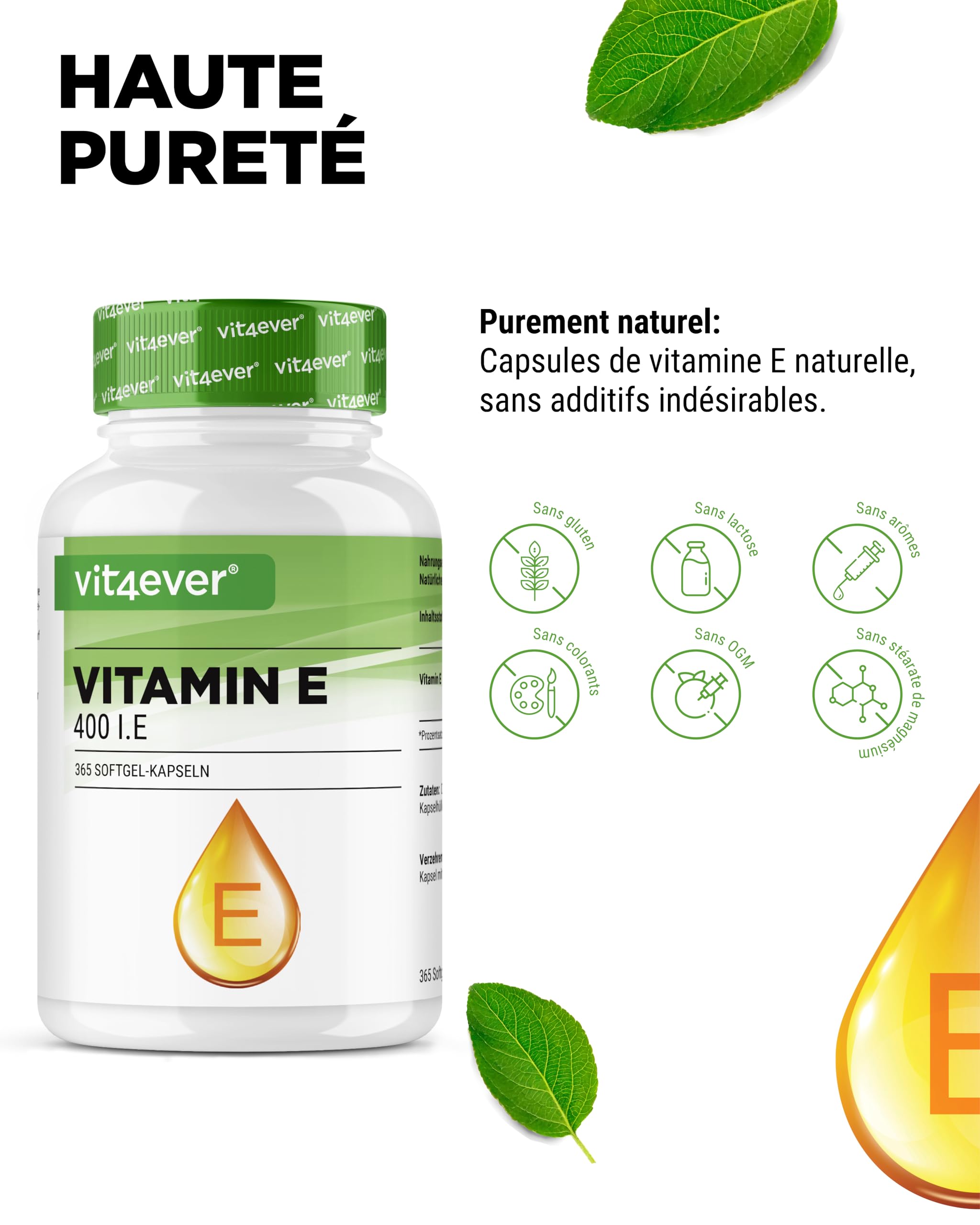 Vitamine E 400 U.I. naturelle - 365 capsules softgel - Premium : vitamine E naturelle de tournesol - 12 mois d'approvisionnement - fortement dosé