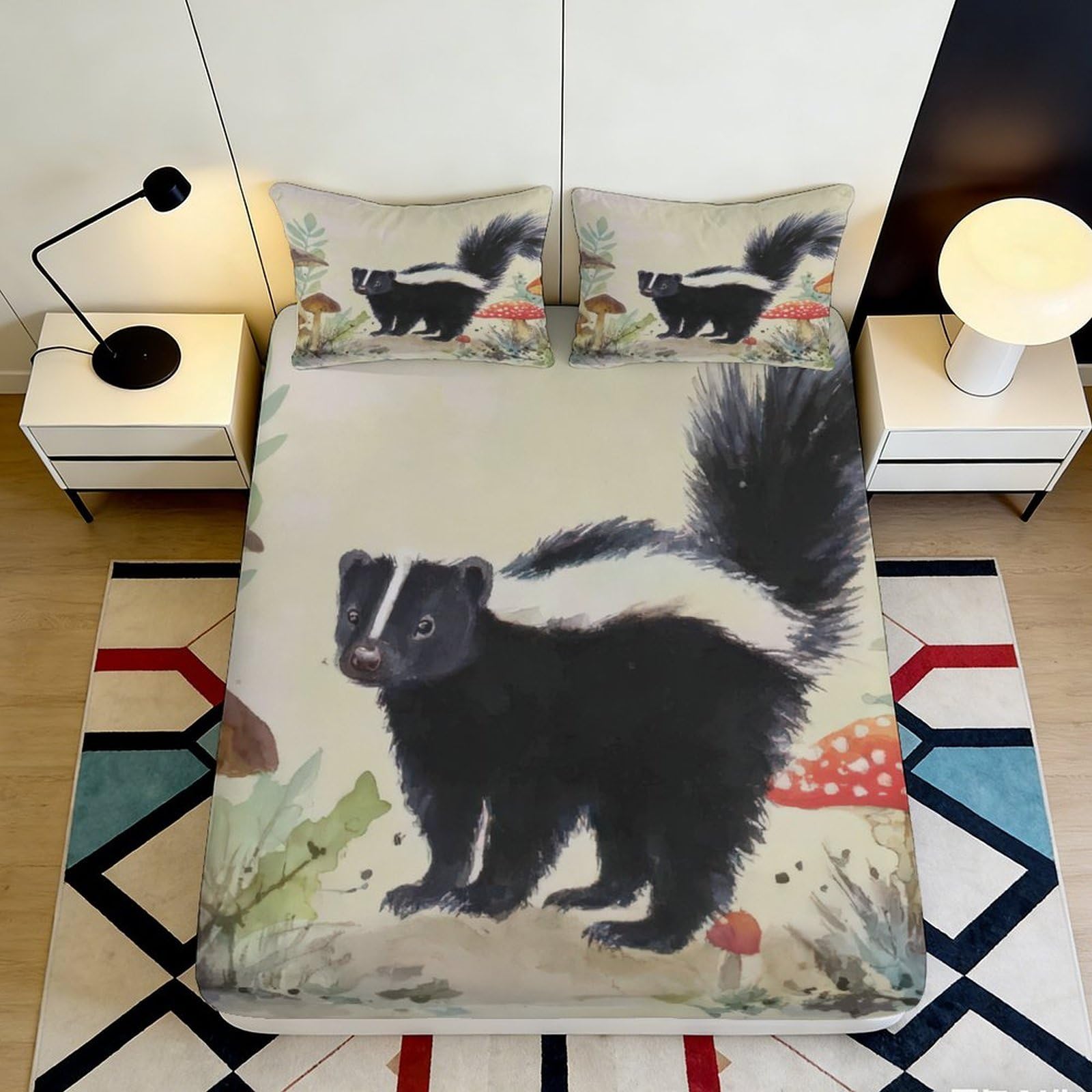3D Printed Skunk Forest Fitted Sheet Microfiber Anti-Slip Woodland Animal Bed Cover for Bedroom Guest Room Decor 90x200x25cm