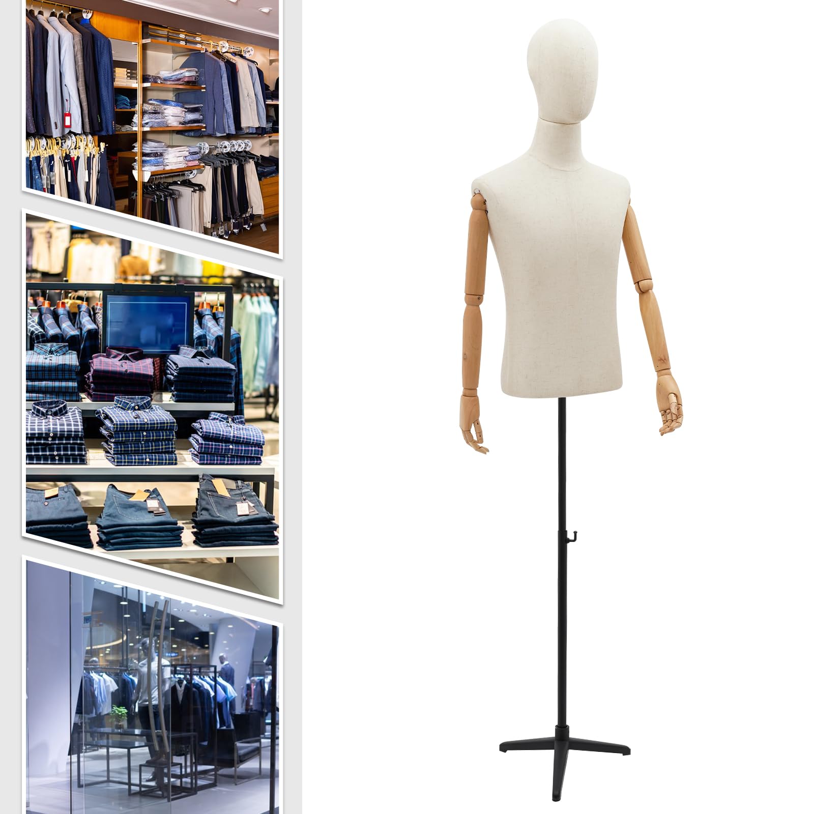 Männliche Schaufensterpuppe Kleiderpuppe mit Stativ, Höhenverstellbar 53-76 Zoll, Leinen Oberfläche Massivholz, Für Bekleidungsgeschäft Boutique Einkaufszentrum, Modedesigner Dekoration