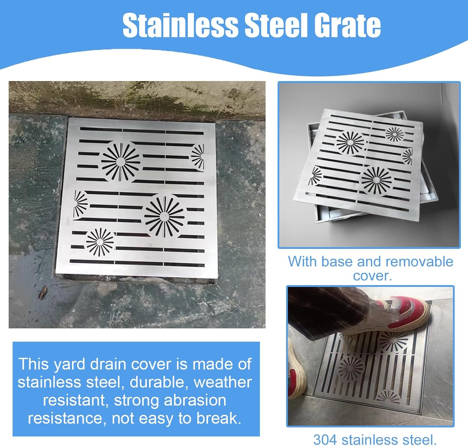 Removable Drainage Grate with Base, Sturdy 304 Stainless Steel Rain Gutter Cover, Outdoor & Indoor Square Drainage Strainers for Yard(10cmx10cm(4"x4"))