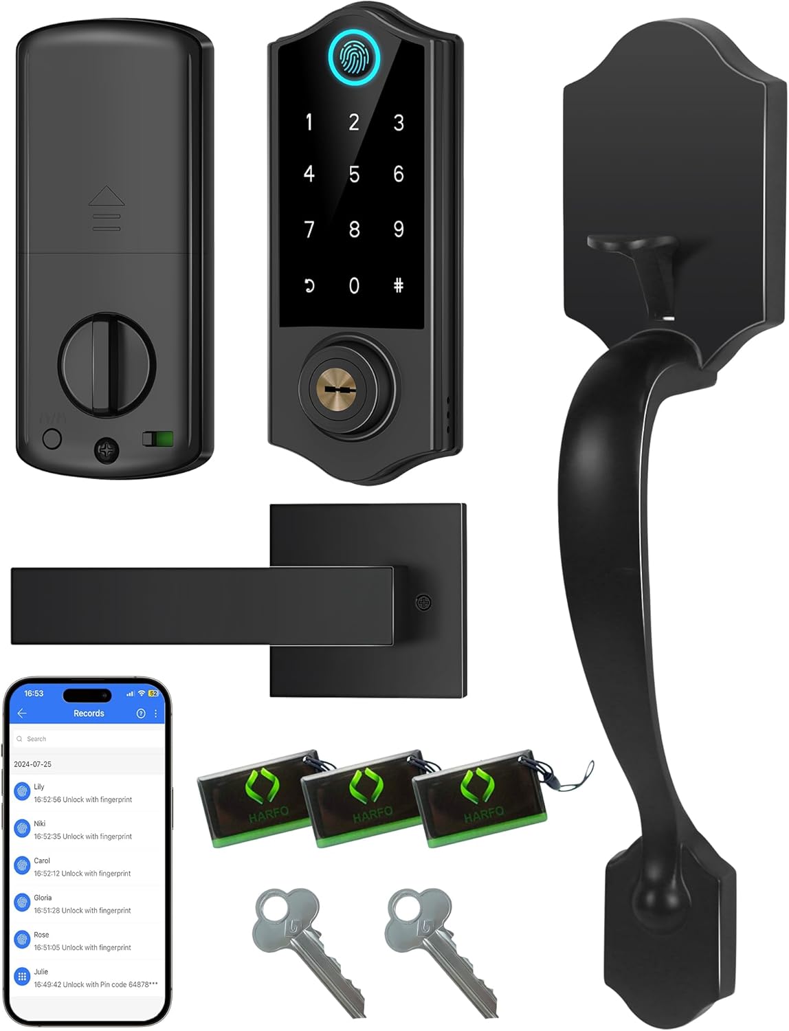 Harfo Fingerprint Smart Door Lock for Front Door with Handle Set, App Control, Keyless Entry Keyless Deadbolt, Digital Electronic Touchscreen Keypad, Auto Lock, Easy to Install, Black