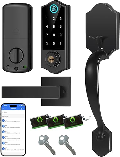 Harfo Cerradura de puerta inteligente de huellas dactilares para puerta delantera con juego de manija, control de aplicación, cerrojo sin llave de