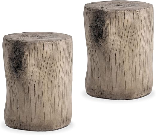 COSIEST 2 Pieces Outdoor Antique Gray End Table Faux Wood, Hand-Painted Wood Stump Stool, Ottoman or Plant Stand, Deck or Garden