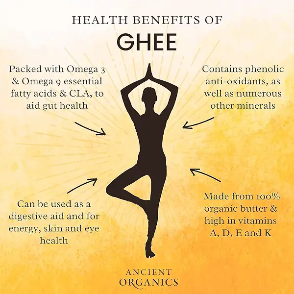 Ancient Organics Ghee, Organic Grass Fed Gluten Free Clarified Ghee Butter with Vitamins & Omegas, Lactose Free, 100% Certified Organic, Kosher, USDA Certified, Made in USA - 16 Fl Oz (Pack of 3) 3