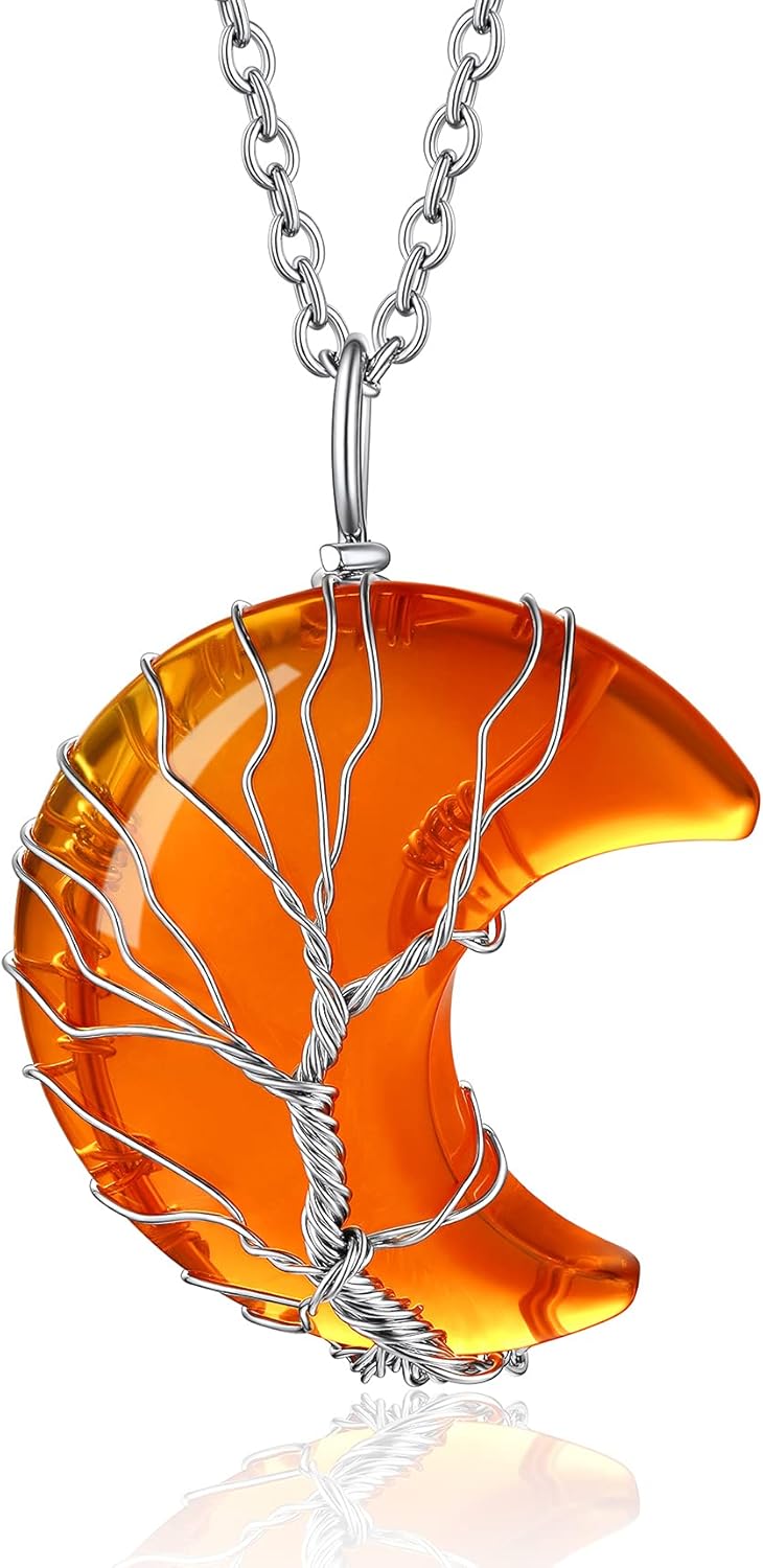 Bestyle Tree of Life Wrapped Healing Crystal Necklaces 12 Month Birthstone Pendant for Women, Crescent/Heart Gemstone Jewelry, Vintage Birthday Gifts/Energy Gift