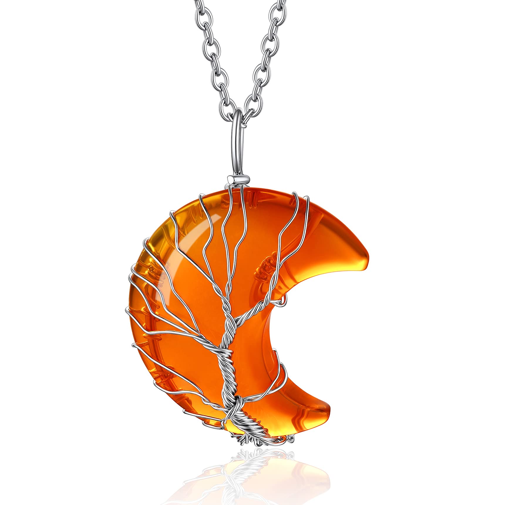 Bestyle Tree of Life Wrapped Healing Crystal Necklaces 12 Month Birthstone Pendant for Women, Crescent/Heart Gemstone Jewelry, Vintage Birthday Gifts/Energy Gift