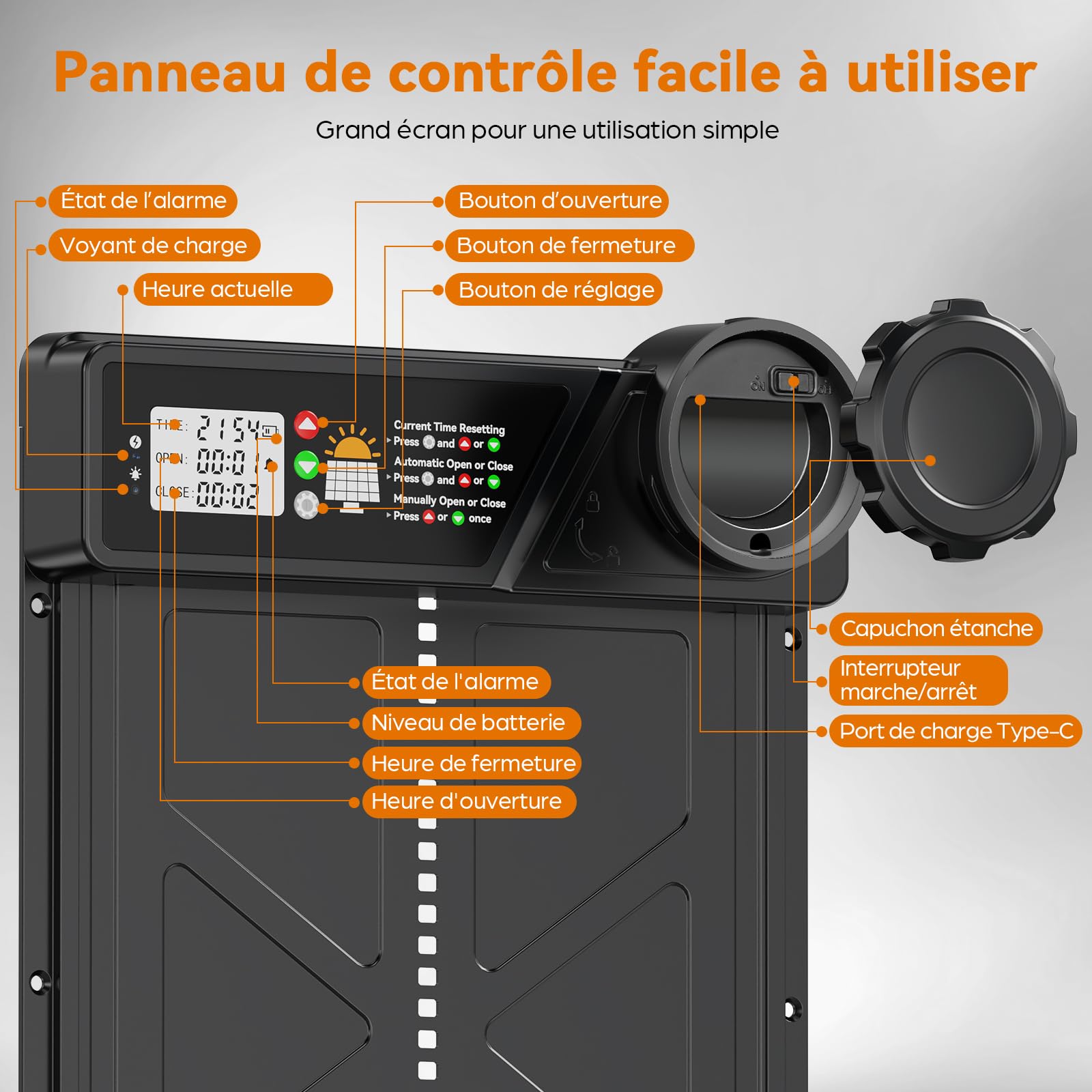 Grande Porta Automatica Pollaio Solare, Porta Automatica Pollaio in Alluminio con Timer, Telecomando, Funzione Anti-pizzico, Schermo LCD Impermeabile per Galline, Anatre e Oche