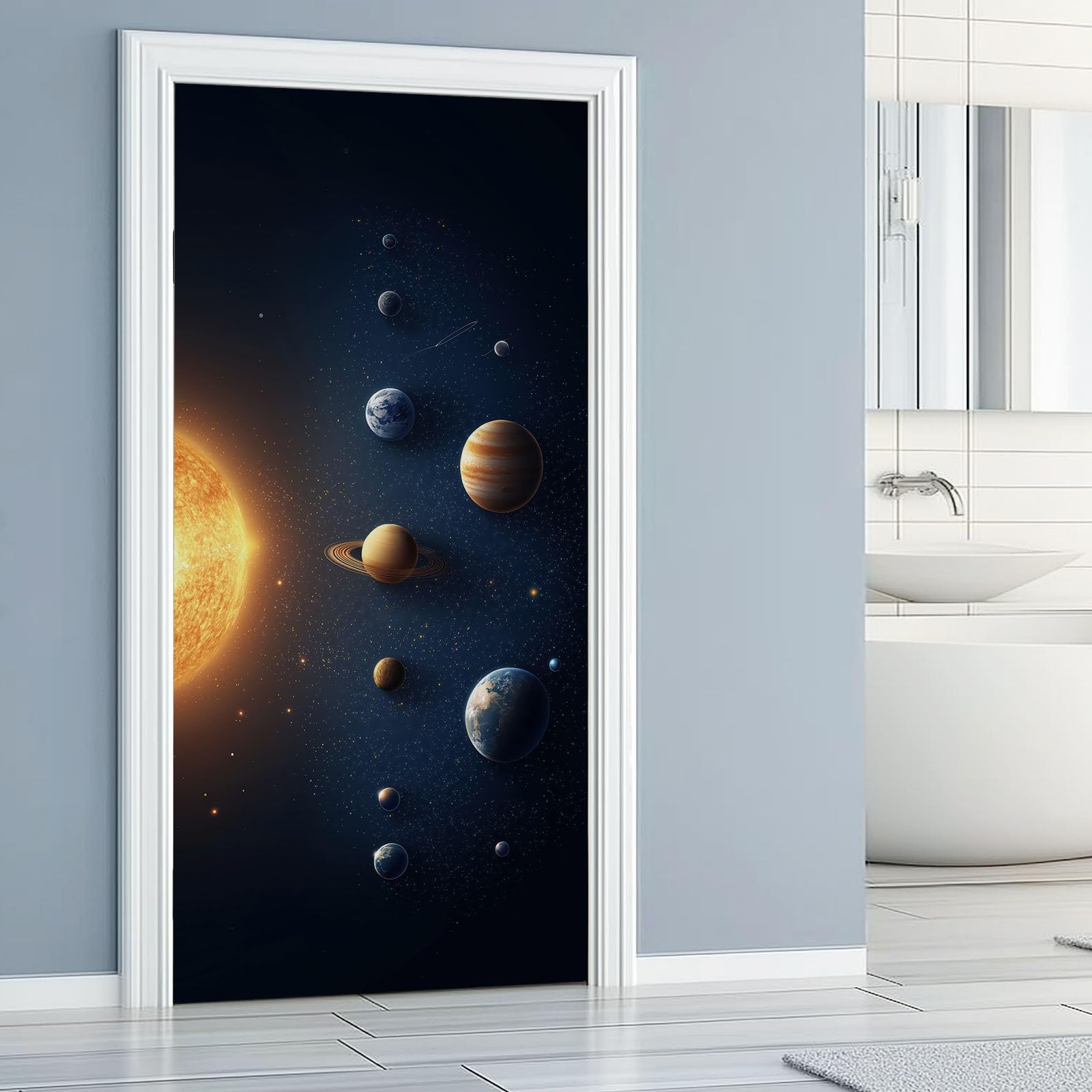 Kosmos Planeta Układ Słoneczny Wzór Naklejka na Drzwi, Wodoodporna Naklejka PCV Galaktyka Wszechświat Dekoracja, Samoprzylepna Naklejka Na Drzwi Ciemnoniebieski, 90x200 cm