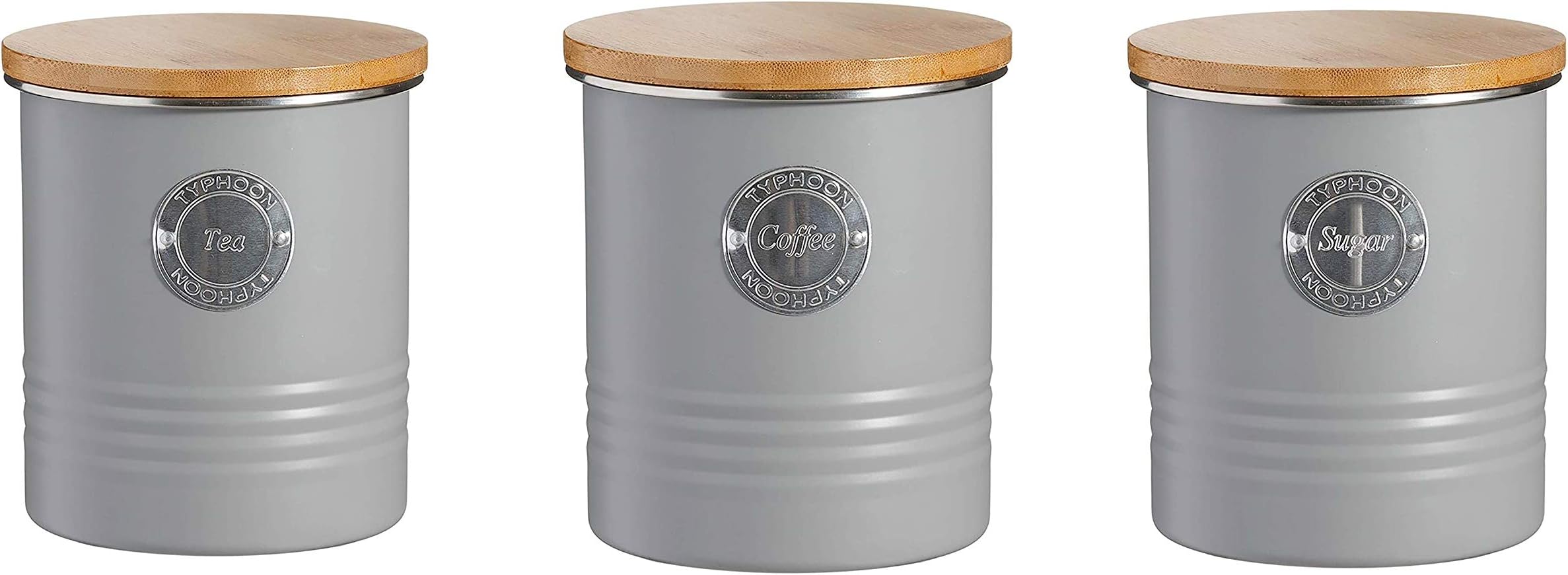 Living Airtight Tea, Coffee and Sugar Storage Canister with Bamboo Lid, Set of 3, 1 Litre, Grey